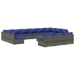 vidaXL Set de muebles de jardín 14 pzas y cojines ratán sintético gris
