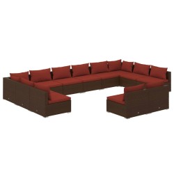 vidaXL Set muebles de jardín y cojines 12 pzas ratán sintético marrón