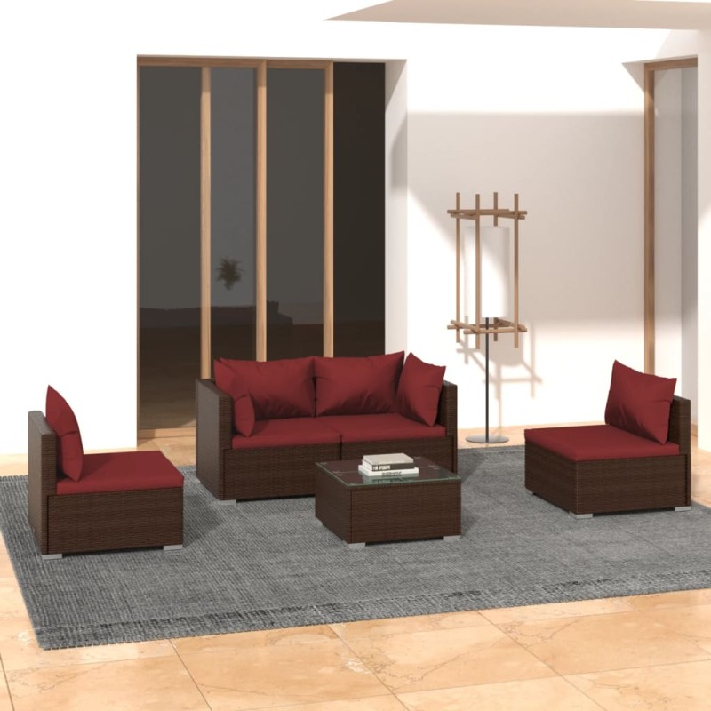 vidaXL Set sofás de jardín 5 piezas y cojines ratán sintético marrón vidaXL Set sofás de jardín 5 piezas y cojines ratán sintético marrón