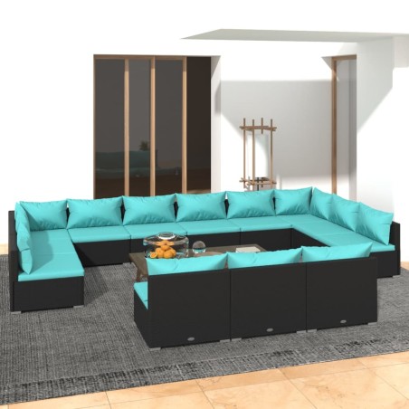vidaXL Set de muebles de jardín 13 pzas cojines ratán sintético negro