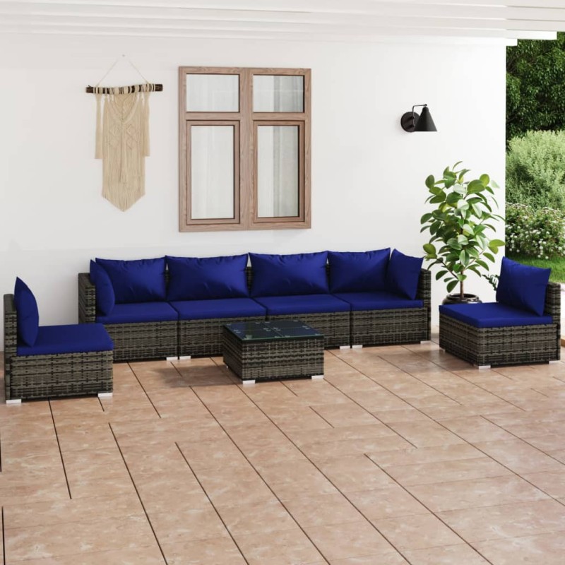 vidaXL Set de sofás de jardín 7 piezas y cojines ratán sintético gris