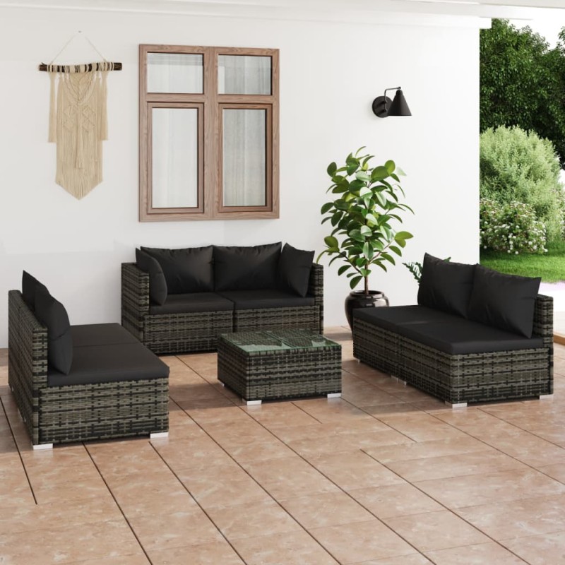 vidaXL Set de muebles de jardín 7 pzas y cojines ratán sintético gris vidaXL Set de muebles de jardín 7 pzas y cojines ratán sintético gris