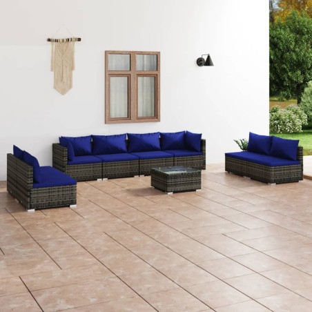 vidaXL Set de muebles de jardín 9 pzas y cojines ratán sintético gris