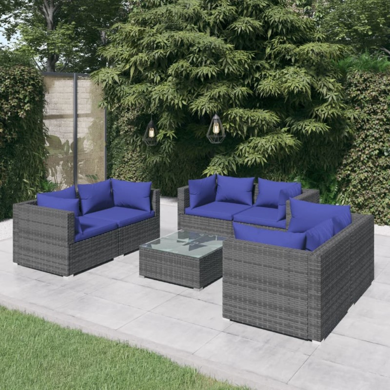 vidaXL Set de sofás de jardín 7 piezas y cojines ratán sintético gris vidaXL Set de sofás de jardín 7 piezas y cojines ratán sintético gris
