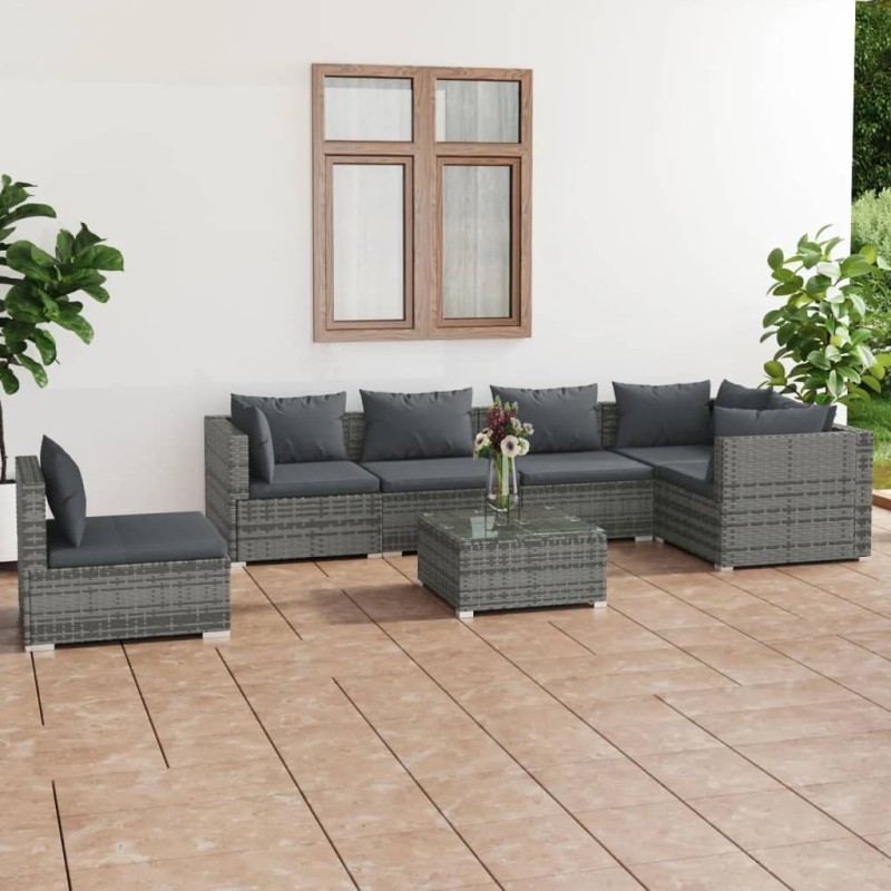 vidaXL Set de muebles de jardín 7 pzas y cojines ratán sintético gris