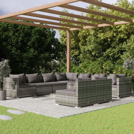 vidaXL Set de muebles de jardín 9 pzas y cojines ratán sintético gris