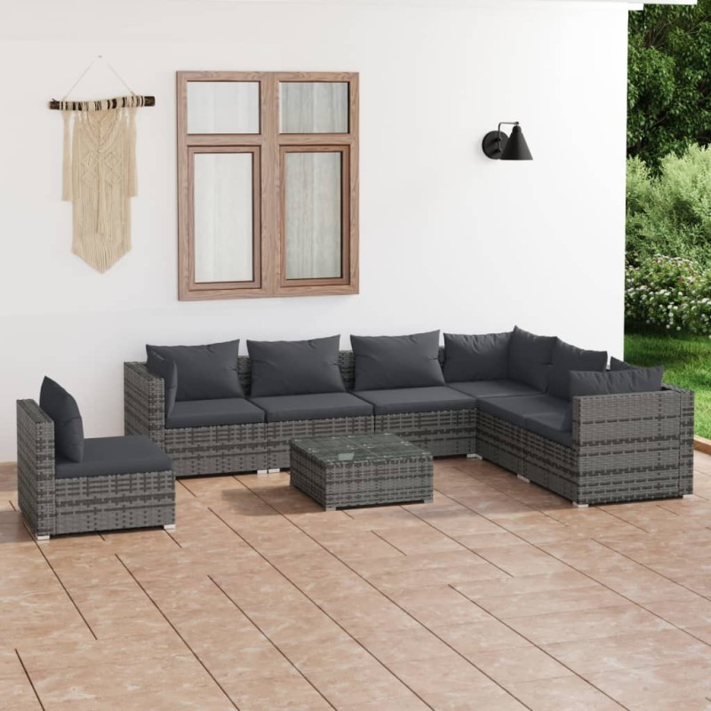 vidaXL Set de muebles de jardín 8 pzas y cojines ratán sintético gris vidaXL Set de muebles de jardín 8 pzas y cojines ratán sintético gris