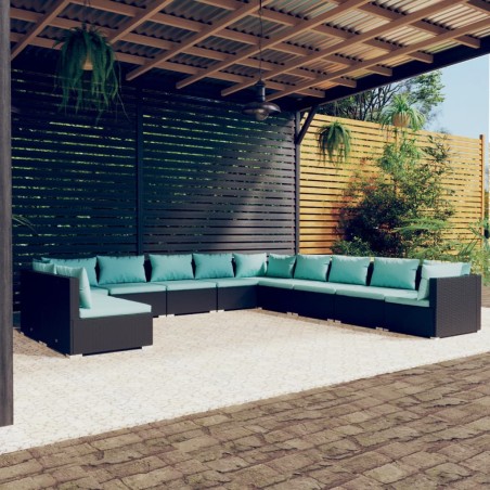 vidaXL Set muebles de jardín 11 pzas y cojines ratán sintético negro