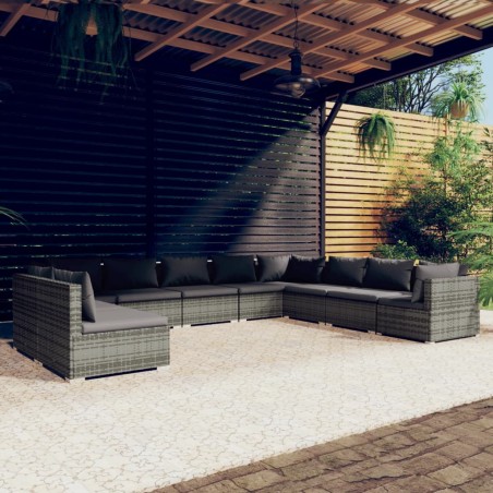 vidaXL Set de muebles de jardín 10 pzas y cojines ratán sintético gris
