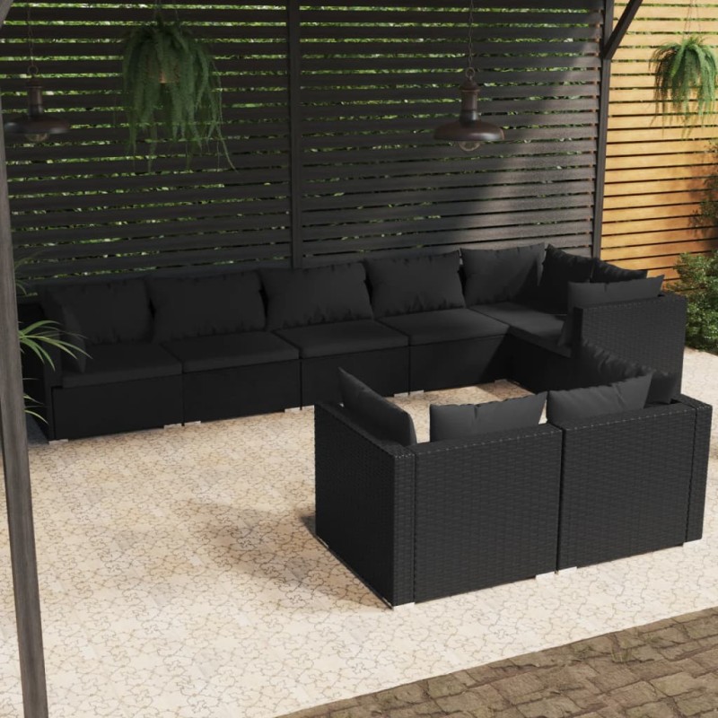 vidaXL Set de muebles de jardín 8 pzas y cojines ratán sintético negro