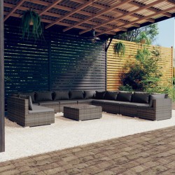 vidaXL Set de muebles de jardín 12 pzas cojines ratán sintético gris