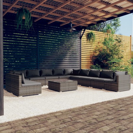 vidaXL Set de muebles de jardín 12 pzas cojines ratán sintético gris