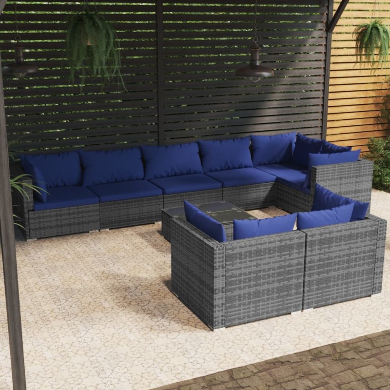 vidaXL Set de muebles de jardín 9 pzas y cojines ratán sintético gris vidaXL Set de muebles de jardín 9 pzas y cojines ratán sintético gris