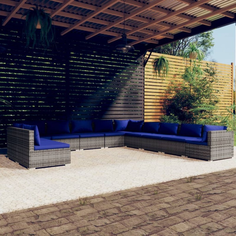 vidaXL Set de muebles de jardín 11 pzas y cojines ratán sintético gris vidaXL Set de muebles de jardín 11 pzas y cojines ratán sintético gris