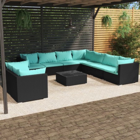 vidaXL Set de muebles de jardín 10 pzas cojines ratán sintético negro