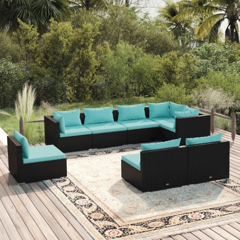 vidaXL Set de sofás de jardín 8 piezas y cojines ratán sintético negro vidaXL Set de sofás de jardín 8 piezas y cojines ratán sintético negro
