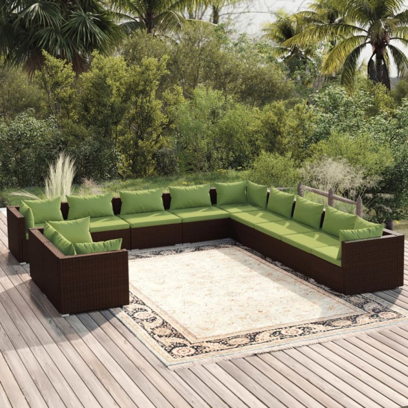 vidaXL Set de muebles de jardín 11 pzas cojines ratán sintético marrón vidaXL Set de muebles de jardín 11 pzas cojines ratán sintético marrón