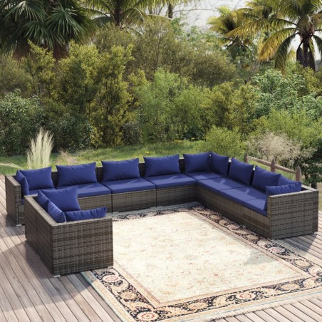 vidaXL Set de muebles de jardín 10 pzas y cojines ratán sintético gris