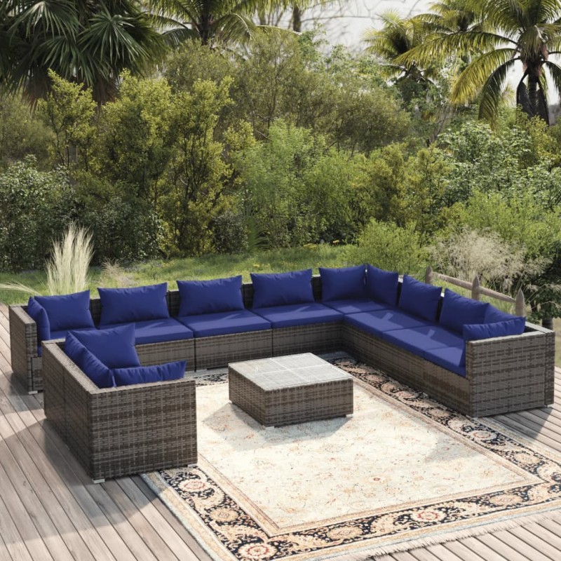 vidaXL Set de muebles de jardín 11 pzas y cojines ratán sintético gris vidaXL Set de muebles de jardín 11 pzas y cojines ratán sintético gris