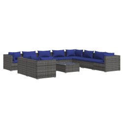 vidaXL Set de muebles de jardín 11 pzas y cojines ratán sintético gris