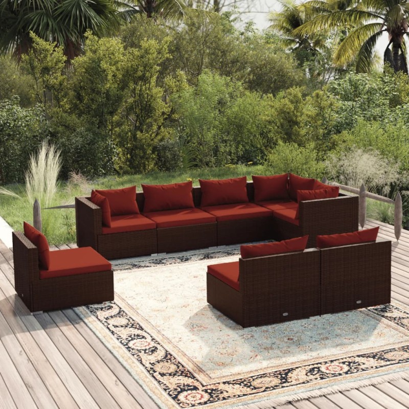 vidaXL Set sofás de jardín 8 piezas y cojines ratán sintético marrón vidaXL Set sofás de jardín 8 piezas y cojines ratán sintético marrón