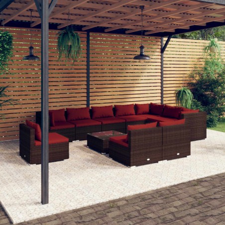 vidaXL Set muebles de jardín 11 pzas y cojines ratán sintético marrón