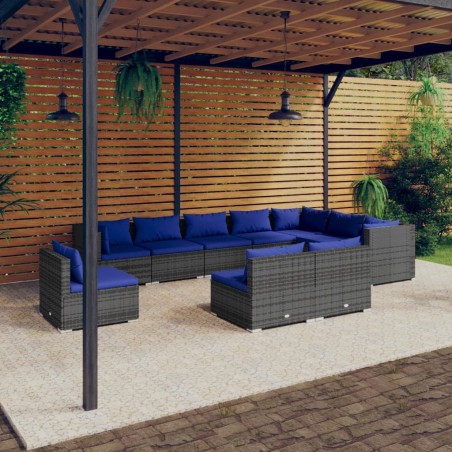 vidaXL Set de muebles de jardín 10 pzas y cojines ratán sintético gris