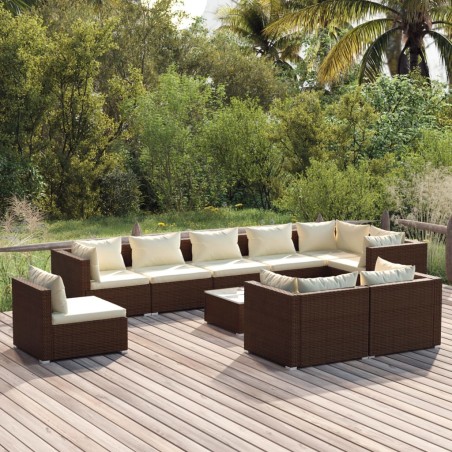 vidaXL Set muebles de jardín 10 pzas y cojines ratán sintético marrón