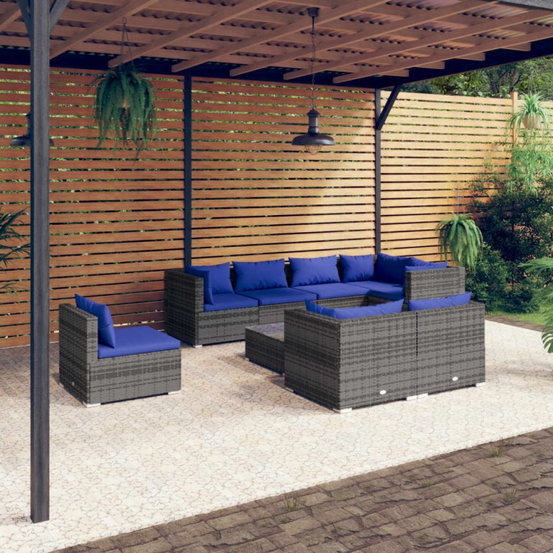vidaXL Set de muebles de jardín 9 pzas y cojines ratán sintético gris vidaXL Set de muebles de jardín 9 pzas y cojines ratán sintético gris