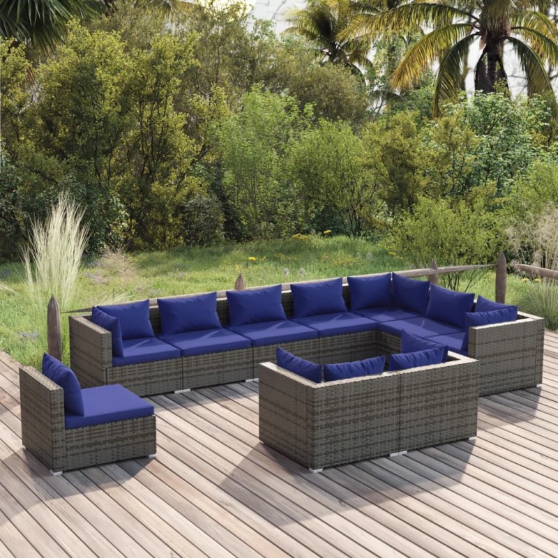 vidaXL Set de muebles de jardín 10 pzas y cojines ratán sintético gris