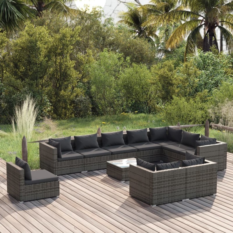 vidaXL Set de muebles de jardín 11 pzas y cojines ratán sintético gris vidaXL Set de muebles de jardín 11 pzas y cojines ratán sintético gris