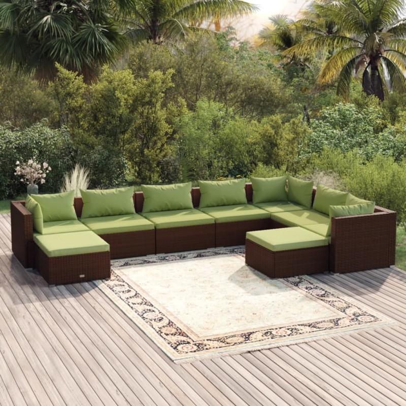 vidaXL Set muebles de jardín 9 piezas y cojines ratán sintético marrón vidaXL Set muebles de jardín 9 piezas y cojines ratán sintético marrón