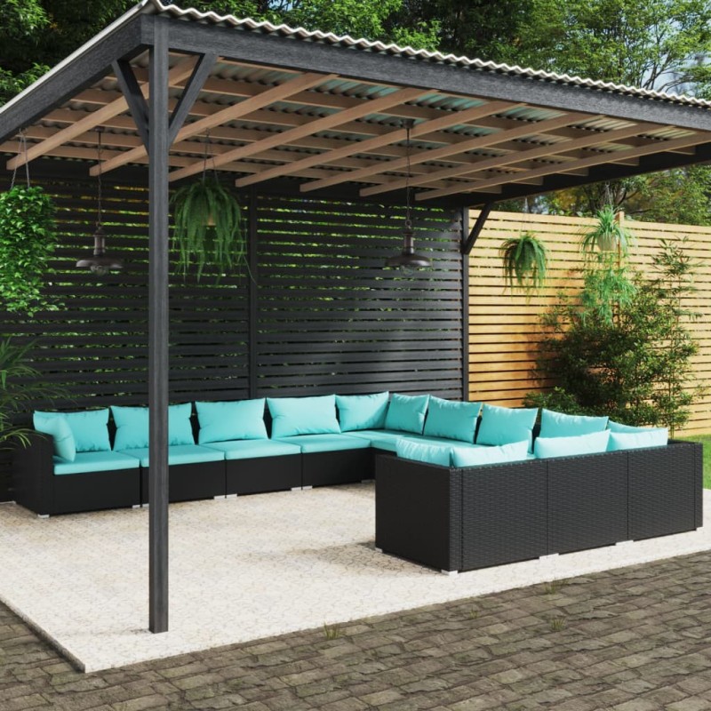 vidaXL Set de muebles de jardín 11 pzas cojines ratán sintético negro vidaXL Set de muebles de jardín 11 pzas cojines ratán sintético negro