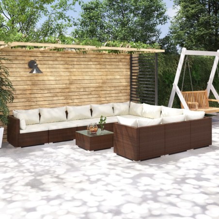 vidaXL Set muebles de jardín 11 pzas y cojines ratán sintético marrón