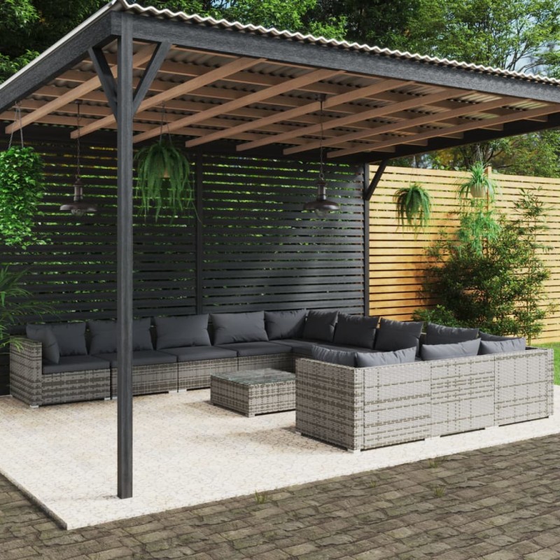 vidaXL Set de muebles de jardín 12 pzas y cojines ratán sintético gris vidaXL Set de muebles de jardín 12 pzas y cojines ratán sintético gris