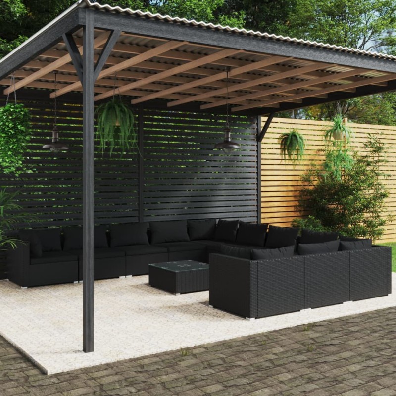 vidaXL Set de muebles de jardín 12 pzas cojines ratán sintético negro vidaXL Set de muebles de jardín 12 pzas cojines ratán sintético negro