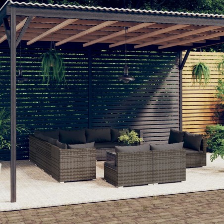 vidaXL Set de muebles de jardín 12 pzas cojines ratán sintético gris