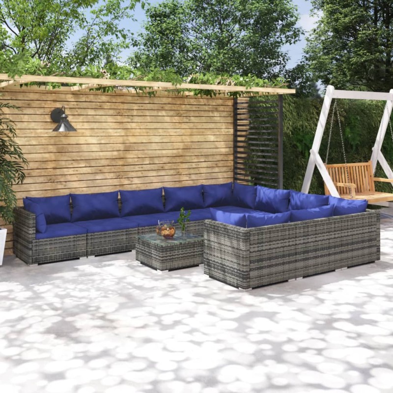 vidaXL Set de muebles de jardín 11 pzas y cojines ratán sintético gris vidaXL Set de muebles de jardín 11 pzas y cojines ratán sintético gris