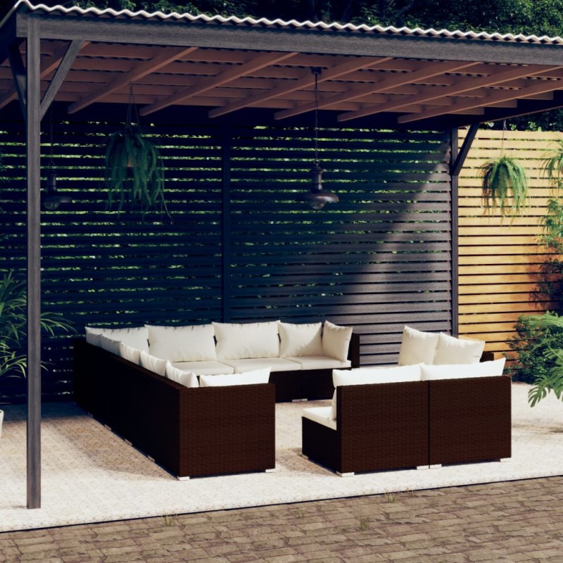 vidaXL Set de muebles de jardín 12 pzas cojines ratán sintético marrón vidaXL Set de muebles de jardín 12 pzas cojines ratán sintético marrón