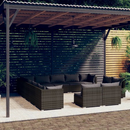 vidaXL Set muebles de jardín 13 piezas y cojines ratán sintético gris