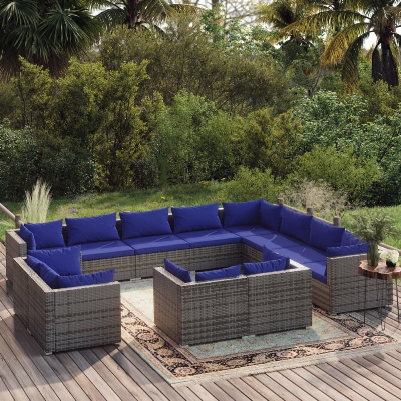 vidaXL Set de muebles de jardín 12 pzas y cojines ratán sintético gris vidaXL Set de muebles de jardín 12 pzas y cojines ratán sintético gris