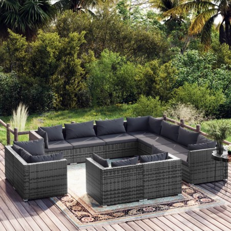 vidaXL Set de muebles de jardín 11 pzas y cojines ratán sintético gris