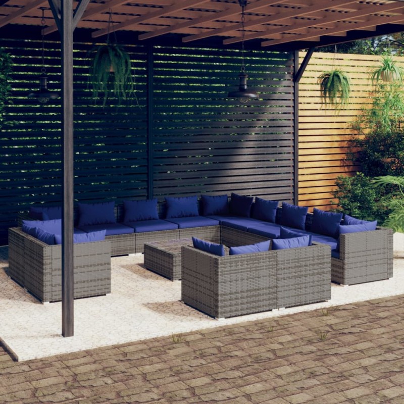 vidaXL Set de muebles de jardín 14 pzas y cojines ratán sintético gris vidaXL Set de muebles de jardín 14 pzas y cojines ratán sintético gris