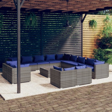 vidaXL Set de muebles de jardín 14 pzas y cojines ratán sintético gris