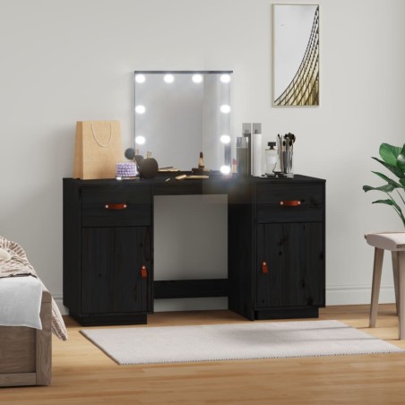 vidaXL Juego de tocador con LED madera maciza de pino negro