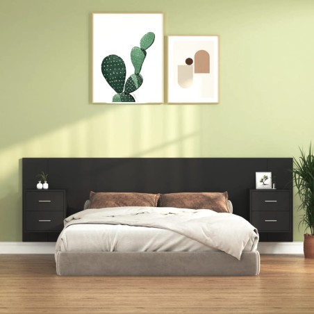 vidaXL Cabecero de cama con mesitas madera contrachapada negro