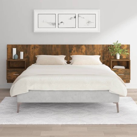 vidaXL Cabecero de cama con mesitas madera contrachapada roble ahumado