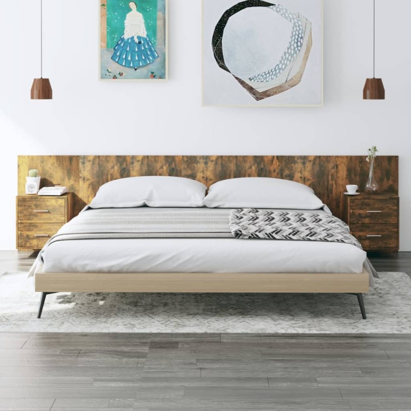 vidaXL Cabecero de cama y mesitas madera contrachapada roble ahumado vidaXL Cabecero de cama y mesitas madera contrachapada roble ahumado