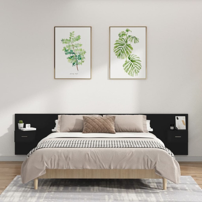 vidaXL Cabecero de cama con mesitas madera contrachapada negro vidaXL Cabecero de cama con mesitas madera contrachapada negro