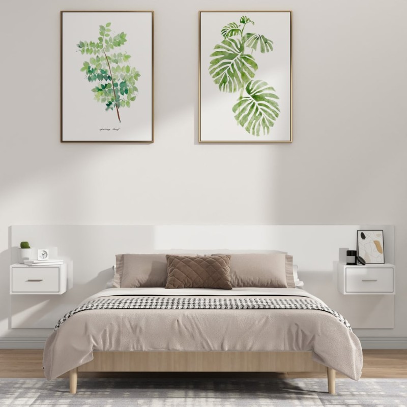 vidaXL Cabecero de cama y mesitas madera contrachapada blanco brillo vidaXL Cabecero de cama y mesitas madera contrachapada blanco brillo